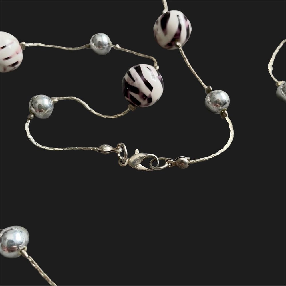 Y2K Zebra Print Beaded Necklace | Bold Statement Jewelry with Silver Accents - Picture 4 of 5